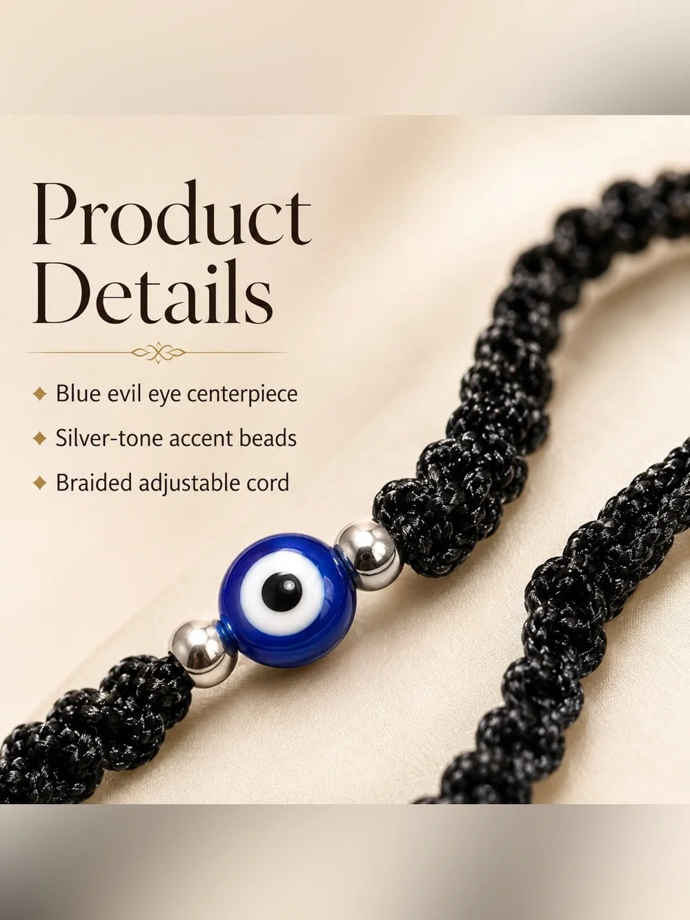 Black Evil Eye Adjustable Cord Bracelet